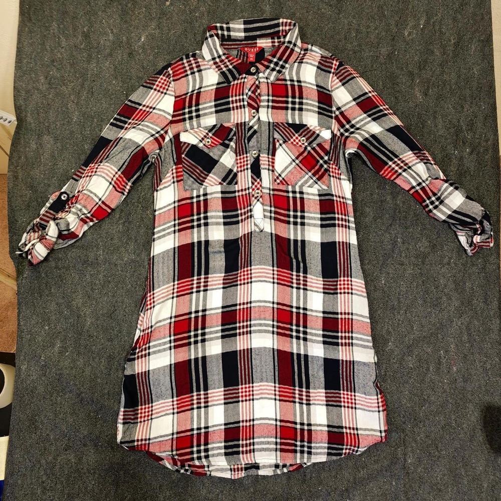 GUESS Los Angeles Womens Plaid Flannel Shirt Dress Red Black White XS Mini